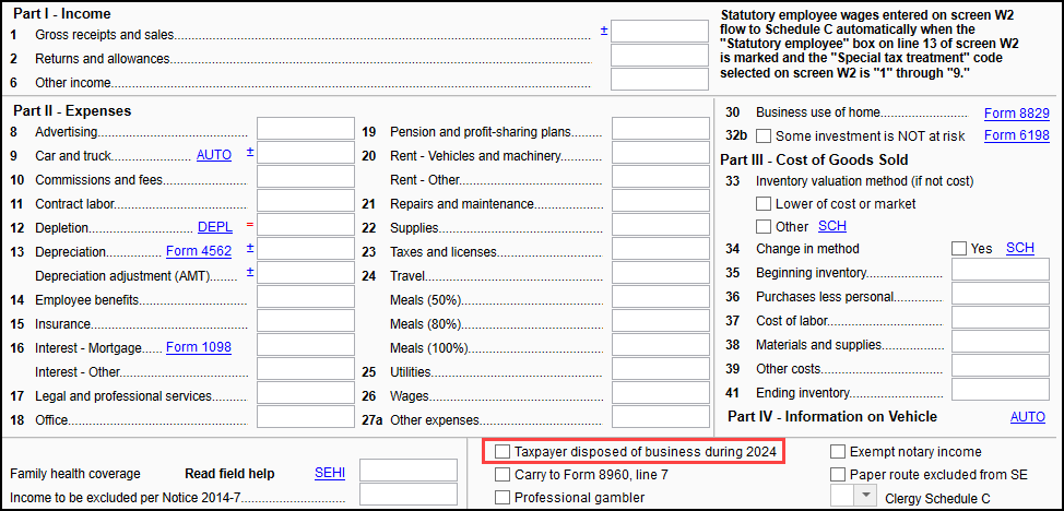 Image of "Taxpayer disposed of business" check box on screen C.